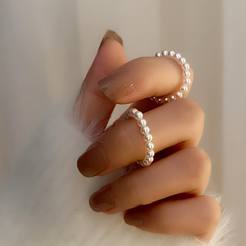 2 Elastic Pearl Rings Adjustable Beaded Rings for Daily Wear